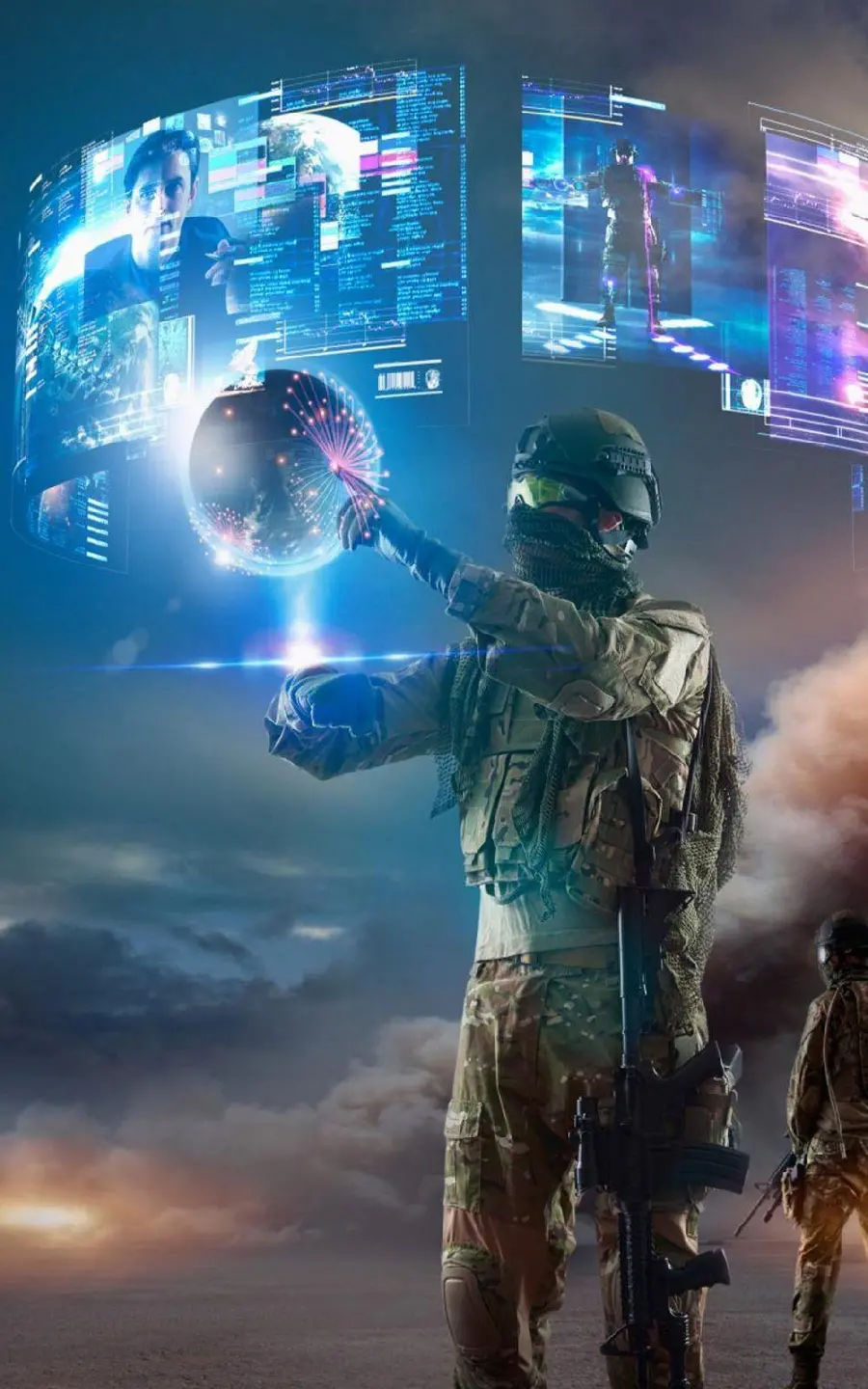 Image of a military soldier in the future with new and unknown equipment and technologies