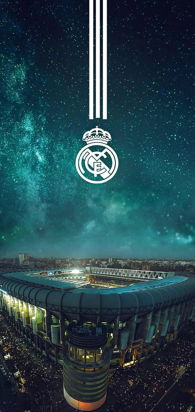 Photo of the Real Madrid logo on the background of the Santiago Bernabeu stadium