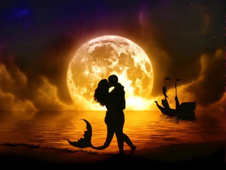 Romantic wallpaper of the romance of a human and a mermaid girl