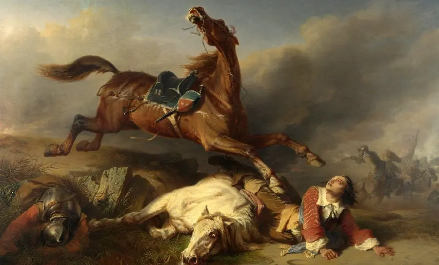Classical artistic painting with a spectacular and interesting design of a battle scene