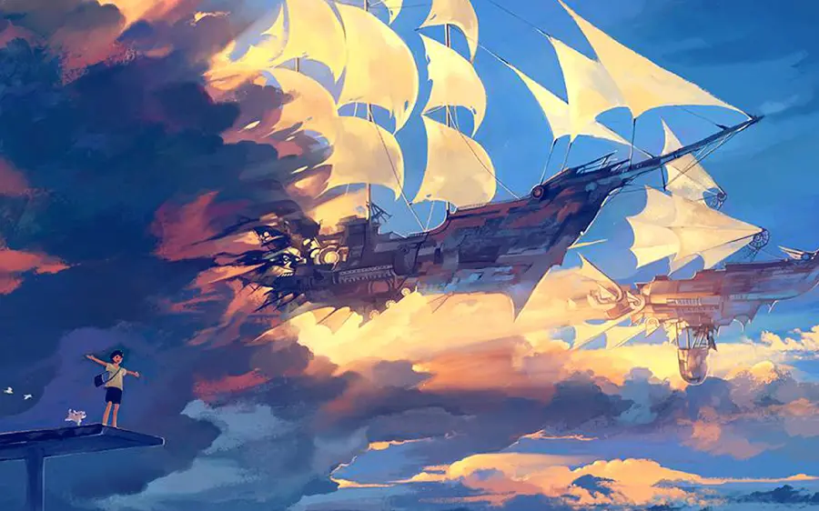 Attractive and imaginative anime ship flying wallpaper