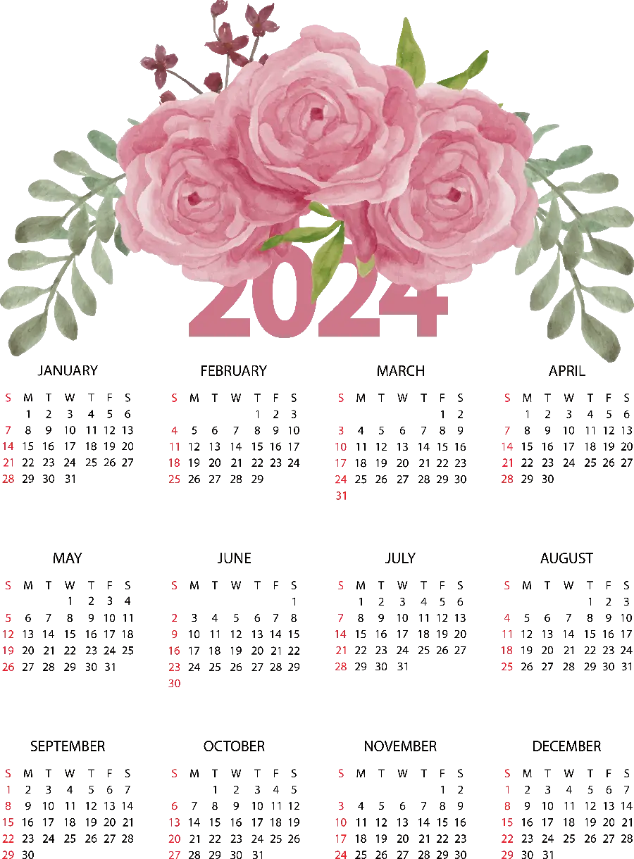 Beautiful wallpaper of the 2024 Gregorian calendar with a pink flower design on the top of the page