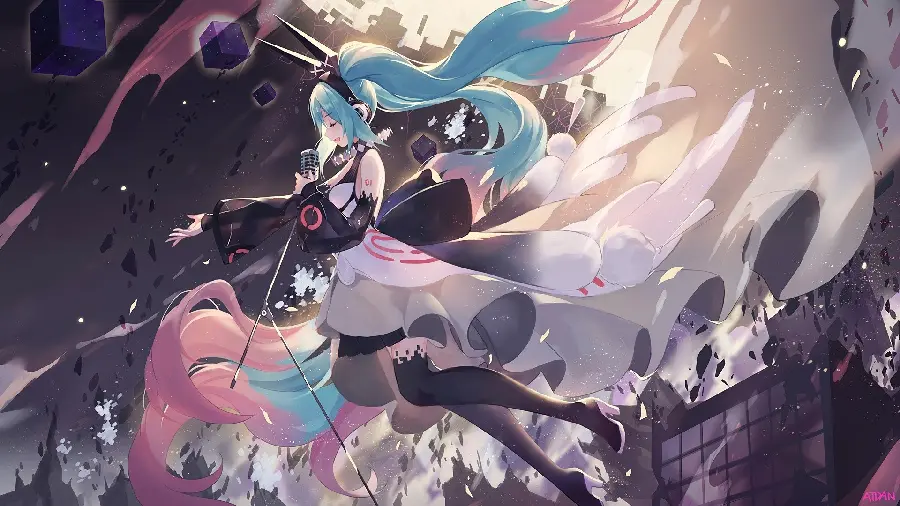 Photo of Hatsune Miku, an attractive anime character flying