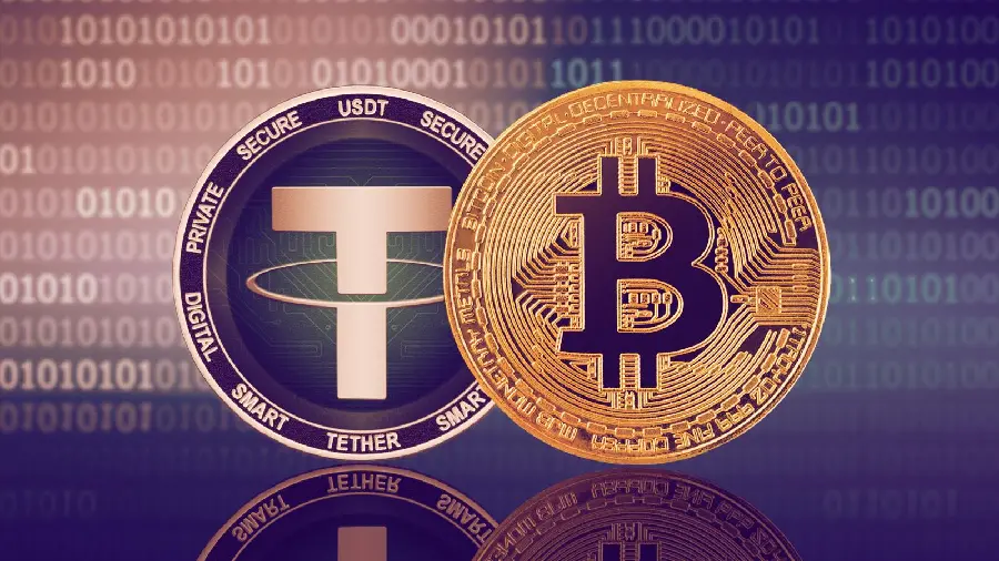 Coin background photo with Tether logo design with simple brick background