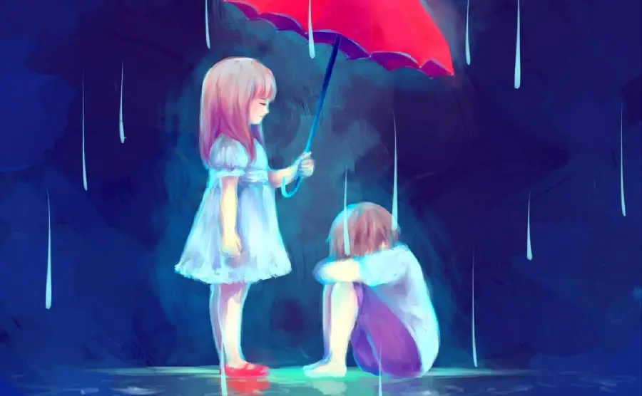 Download anime girl and boy profile picture with an umbrella under heavy rain 
