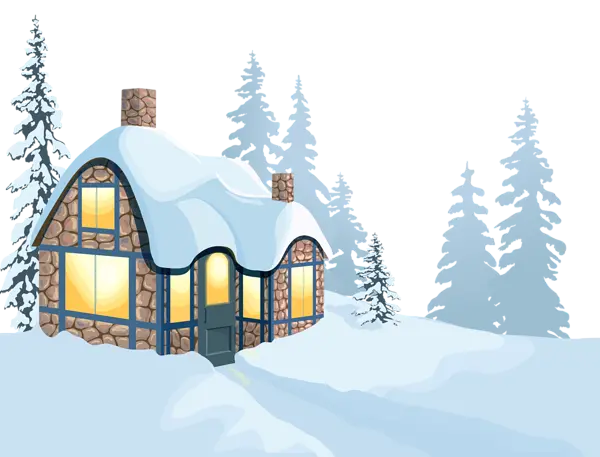Cartoon and graphic photo of a snow and winter house in PNG format