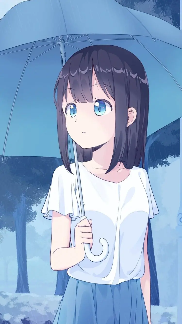 Anime fantasy profile picture of a beautiful and fit girl with an umbrella under the rain 