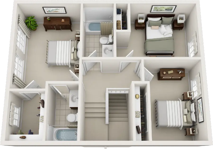 Computer 3D architectural plan with interior decorations