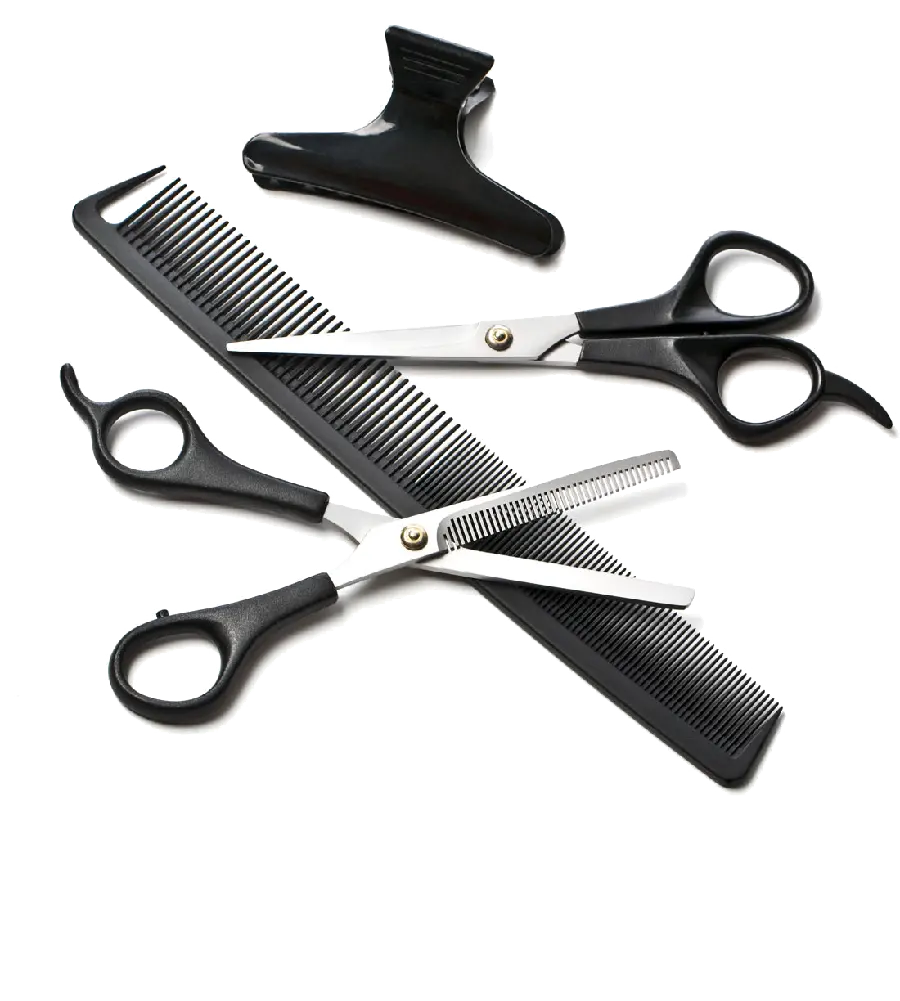 Photo of hairdressing accessories including scissors and hair comb