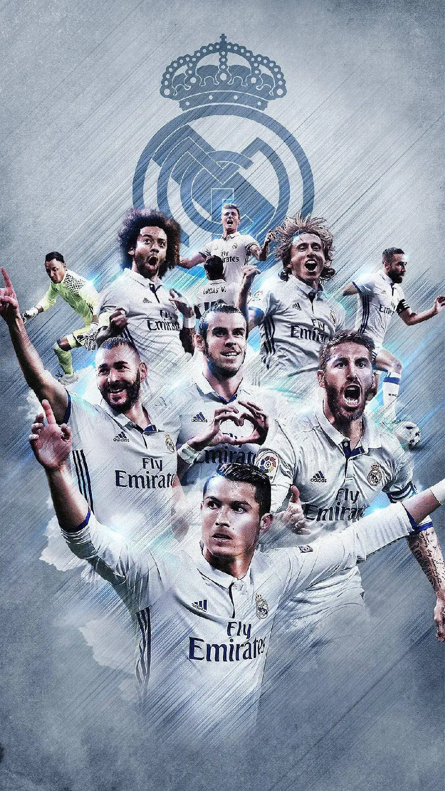 Photos of Real Madrid team players with the club's logo background