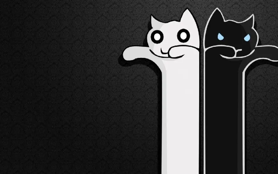 Cartoon photo of two black and white cats on a black background
