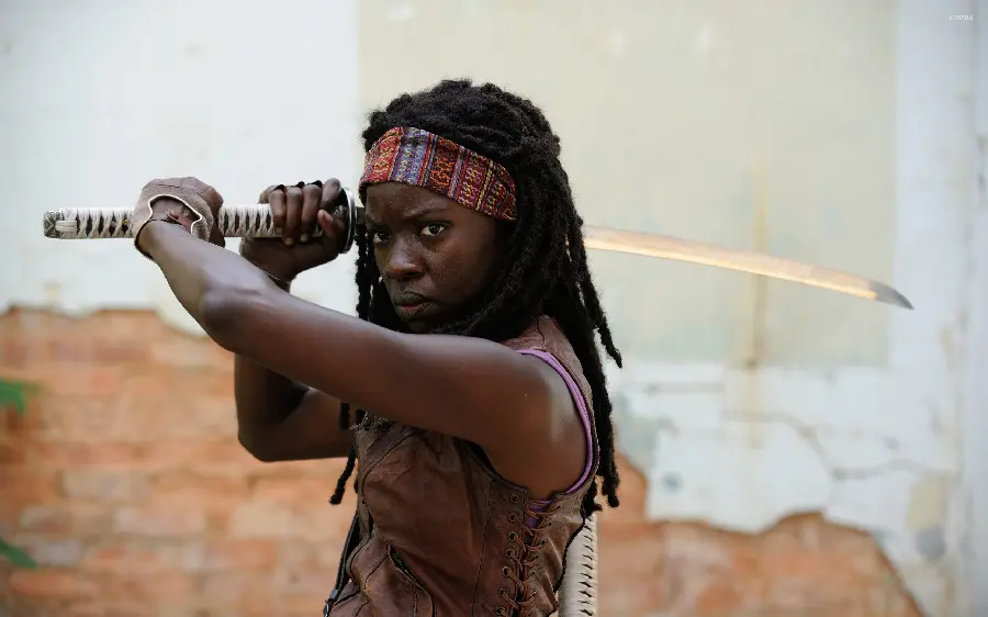 Picture of an African girl named Michonne in the Walking Dead series