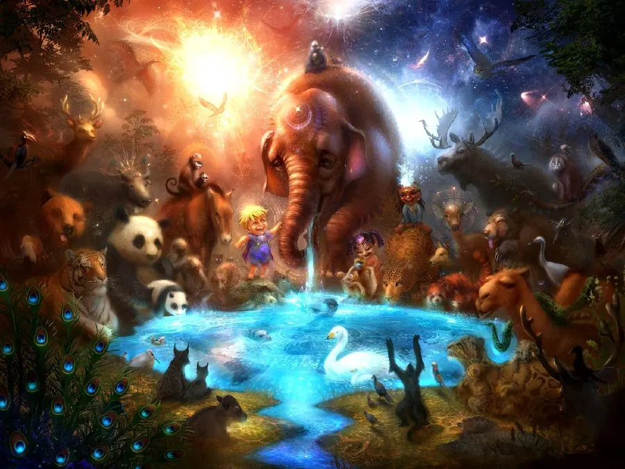 Surrealism style image of various animals in a beautiful frame