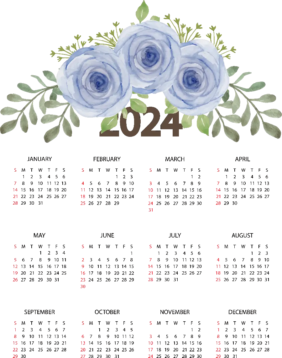 High quality background photo of the 2024 Gregorian calendar with blue flowers