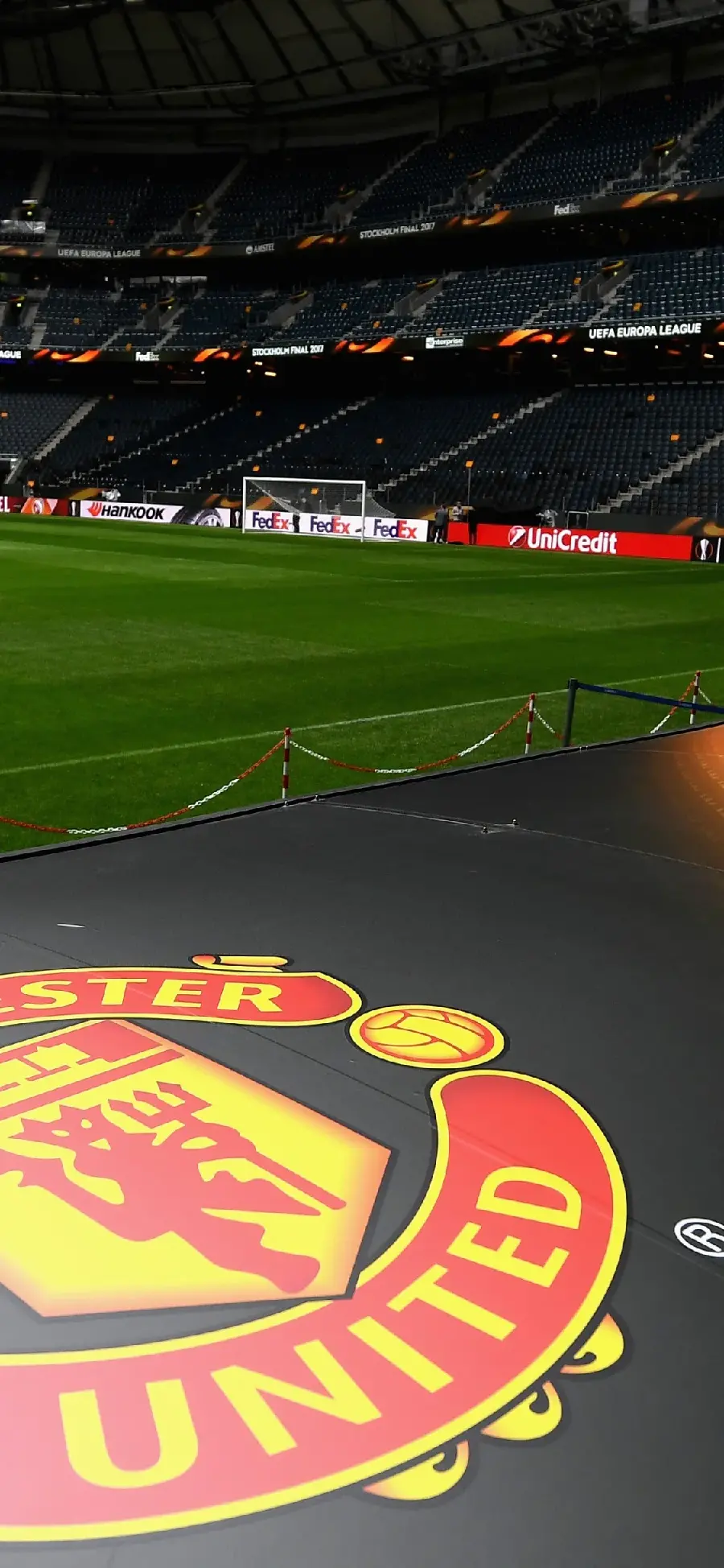 Download the cool Manchester United logo image on the football field for your profile