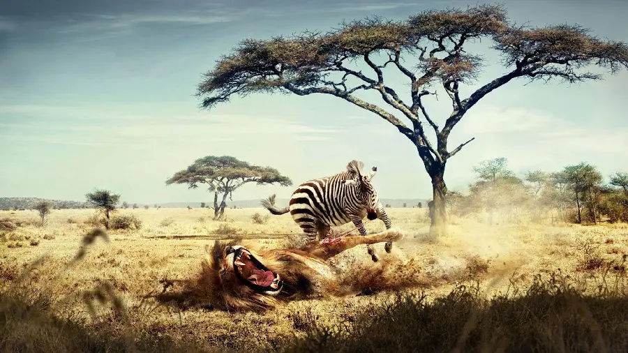 Unrealistic image of African animals in the style of surrealism
