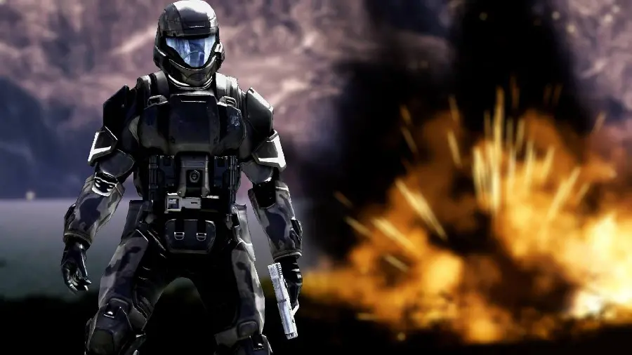 Master Chief poster with a background of bright flames