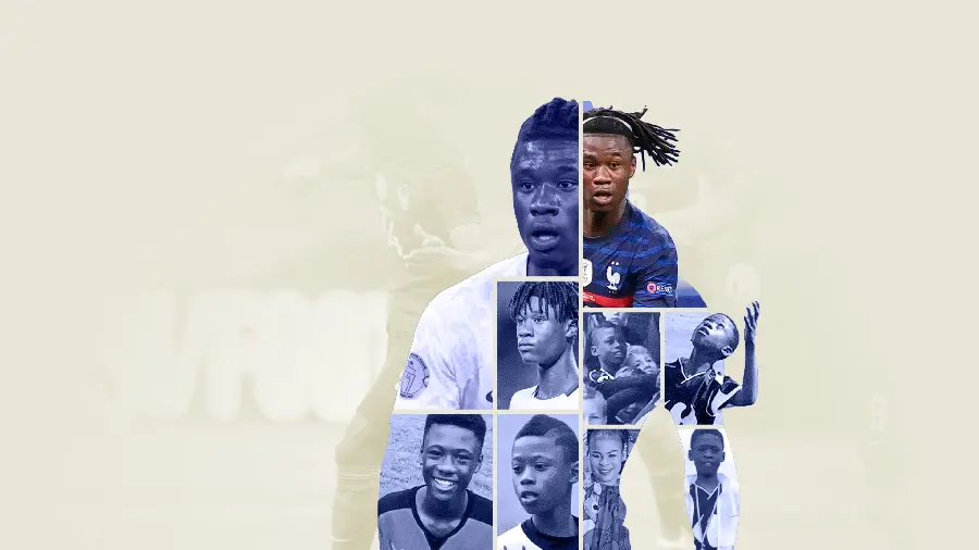 Wallpaper collection of photos of Eduardo Camavinga at different ages in one frame 