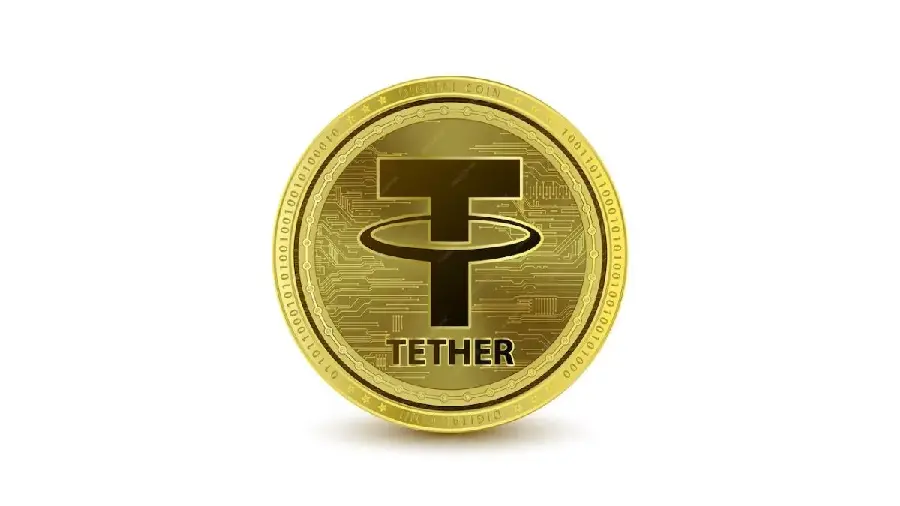Photo of gold coin with Tether logo design on white background