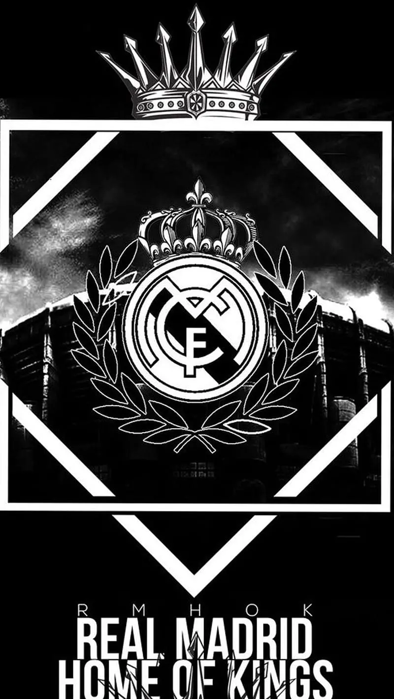 Stylish and unique background image of the Real Madrid club logo in a black and white theme