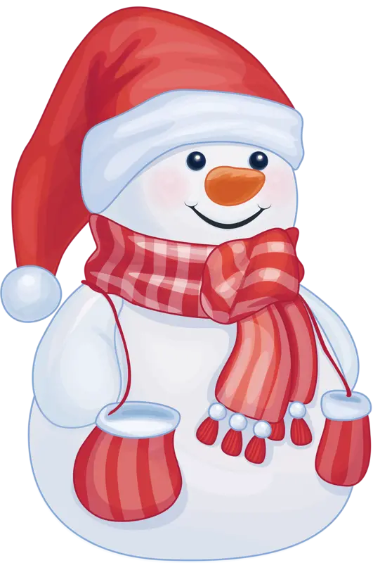 The most beautiful cartoon graphic image of a snowman with a hat, scarf and red gloves PNG