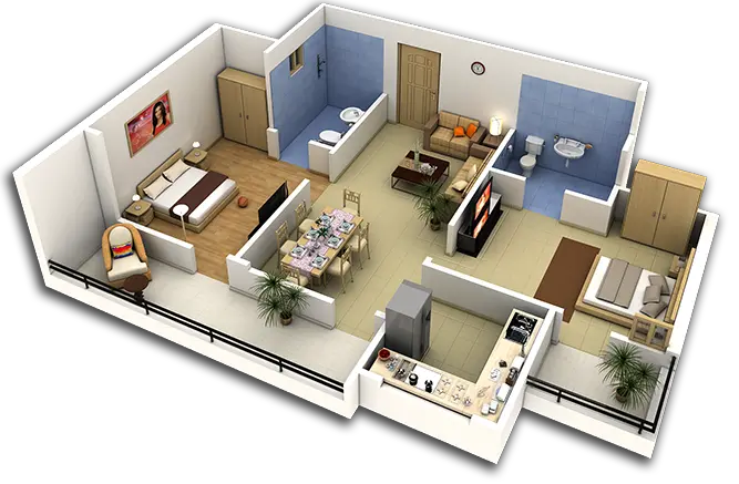 Interior and exterior architectural plan and drawing and model of a single-unit house