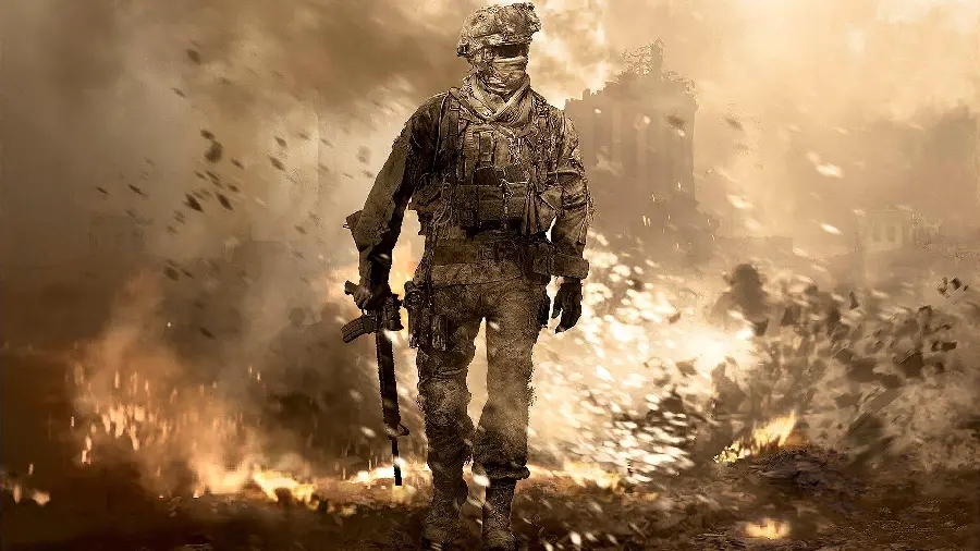 Amazing picture of a soldier in a burnt and burning city