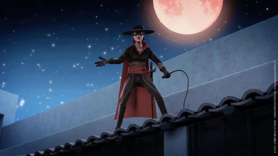 Heroic image of cartoon Zorro in the night sky