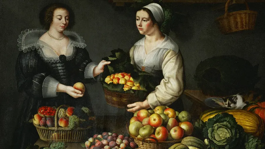 Old and artistic oil painting of a fruit market design
