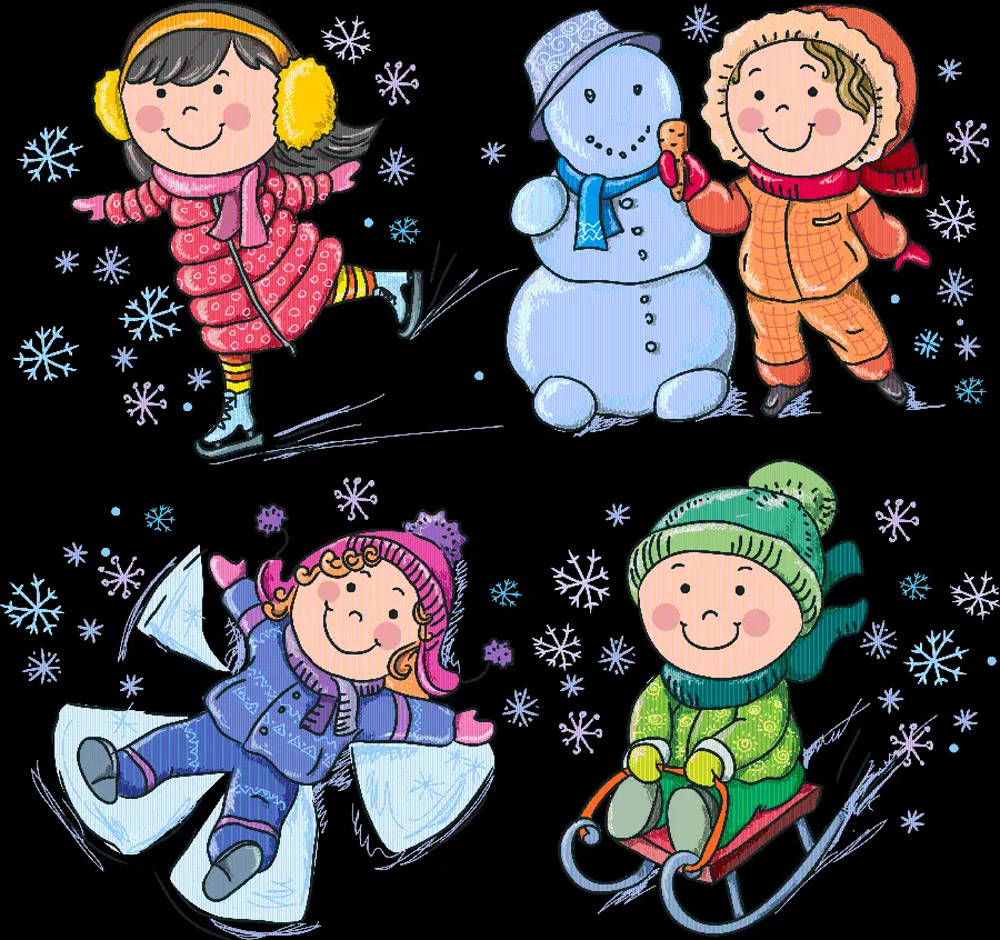Little people playing in the snow and snowman PNG image