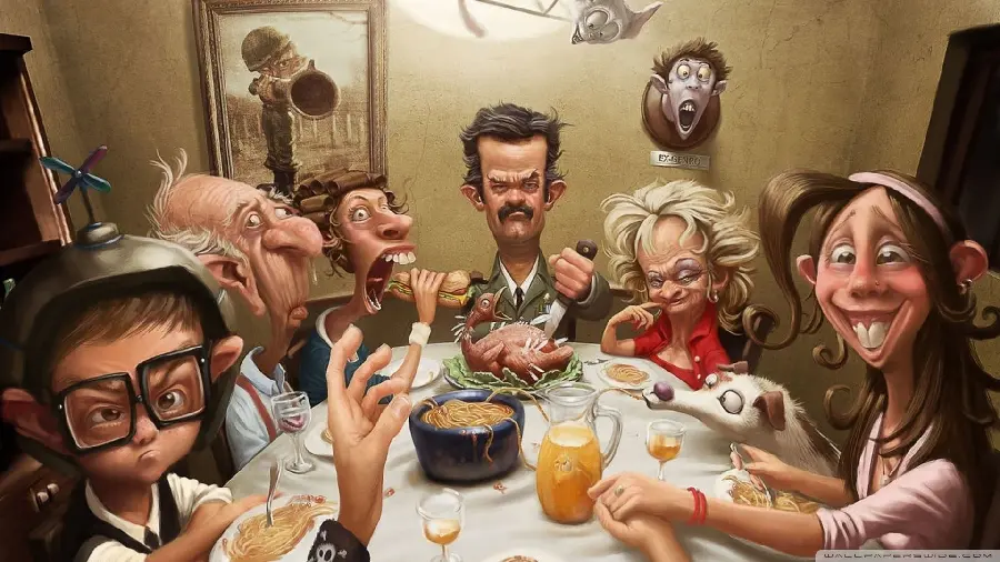 Funny family cartoon eating