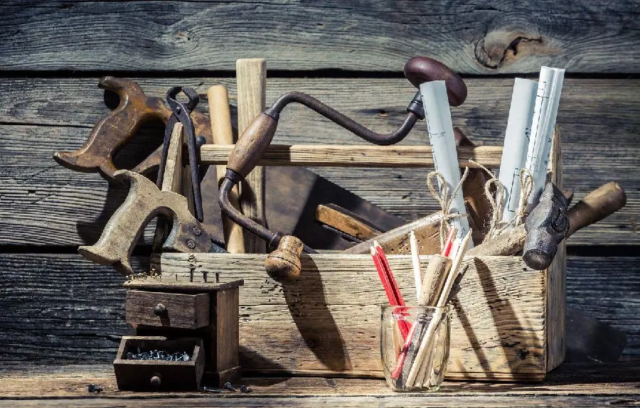 Photo of a toolbox in a carpentry workshop for wallpaper
