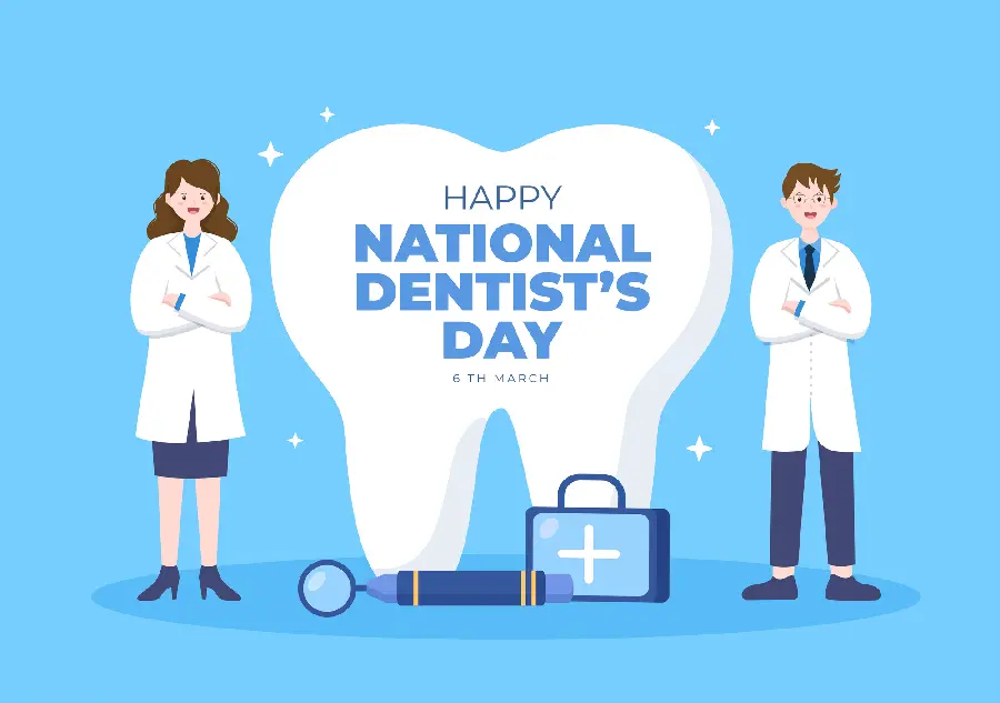 Photo of male and female characters next to big teeth with the text Happy Dentist's Day