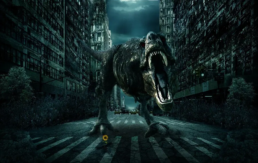 Tyrannosaurus Rex dinosaur photo in real cities and streets