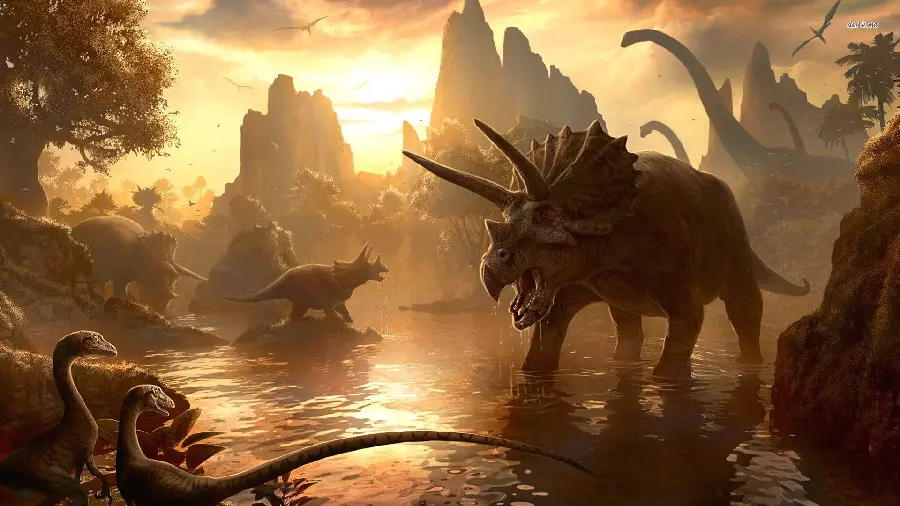 Wallpaper for Computer and Laptop of Herbivorous Dinosaurs at Sunset for Desktop