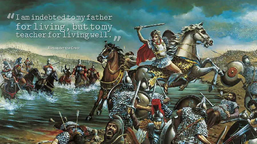 Painted scene of Alexander the Great's fight with the word of the story
