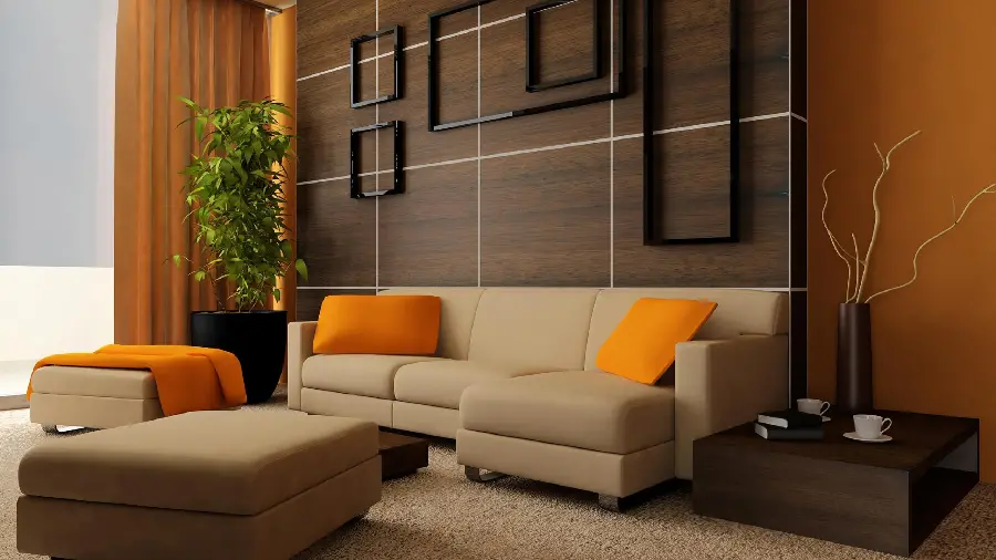 Living room with beautiful wooden equipment