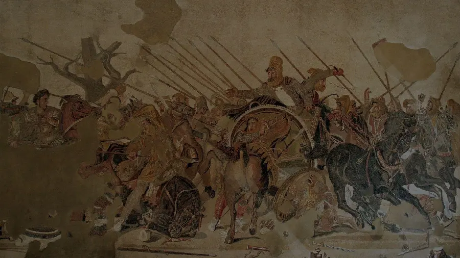 Painted photo of Alexander the Great fighting scene