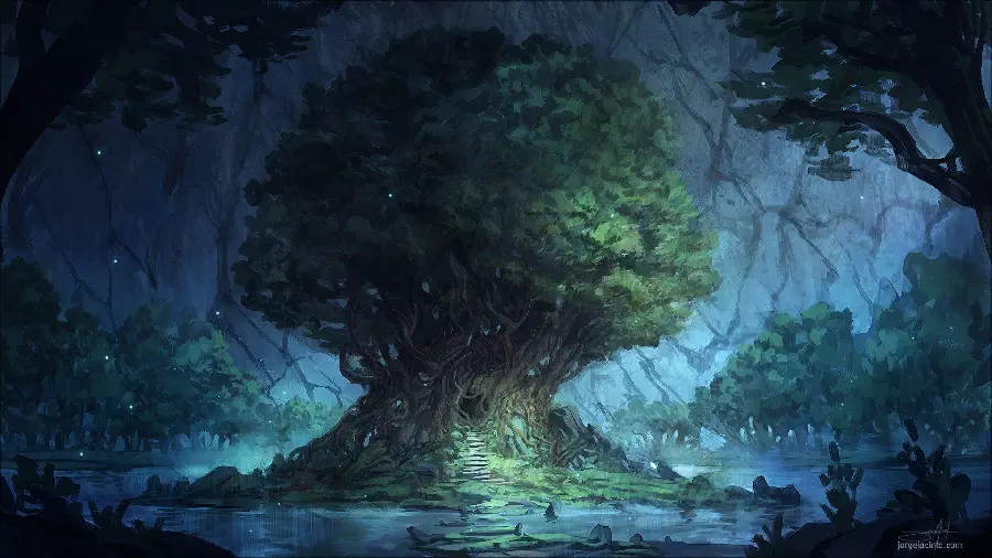 Picture of a legendary tree in a cave with a lake