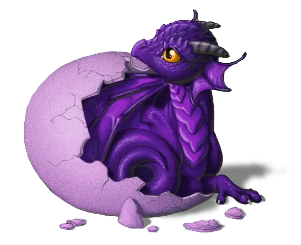3D photo and drawing of a dragon hatching from an egg in purple