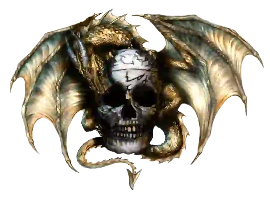 Golden dragon profile photo next to human skull for high quality printing without background