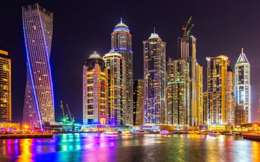 Highrise Building Profile Photo at Night and Colorful Lights
