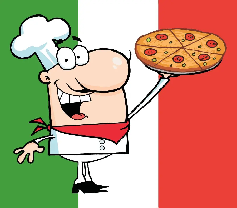 Italian chef painting photo with flag and pizza in hand