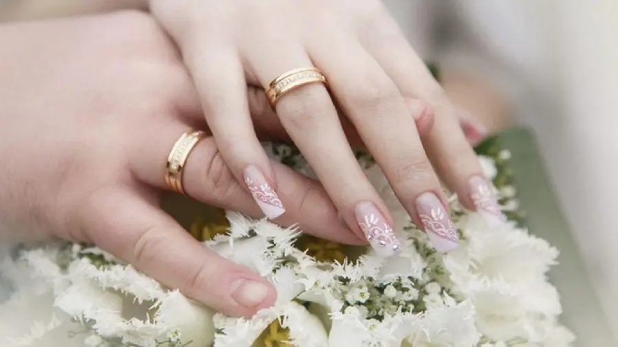 Sample romantic and emotional photo of the hands of the bride and groom with wedding rings