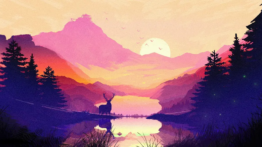 Download high quality sunset and deer painting