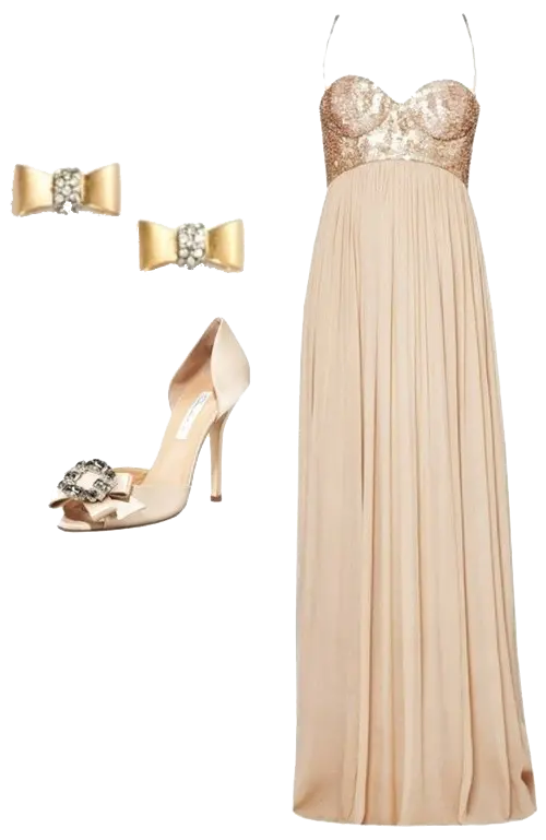 Image of long evening dress with bag and shoes