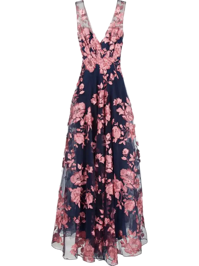 Lace evening dress with luxurious pink flowers
