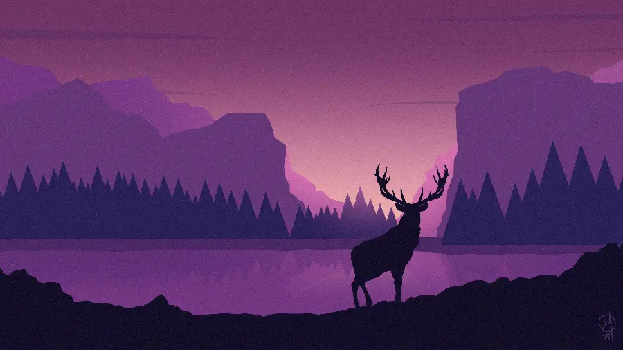 Big stag in the lake and purple sunset for wallpaper