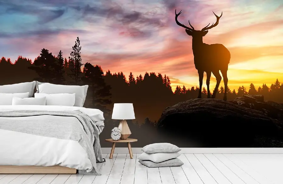 Printing of antlerless deer and sunset on the wall in hd quality