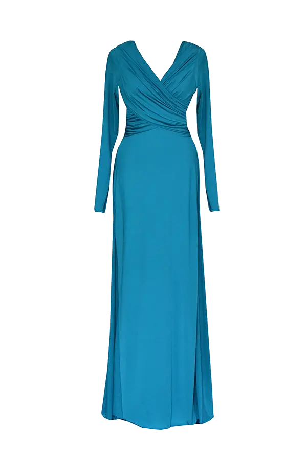 Simple evening dress in blue and draped